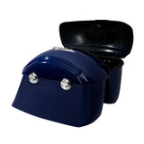 Glossy blue motorcycle hard saddlebags with chrome locks, one lid open, isolated on white