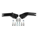 Black metal mounting brackets kit with bolts, nuts, and washers on white background