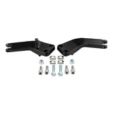 Black metal mounting brackets with bolts, washers, and nuts on white background