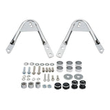Chrome motorcycle saddlebag brackets and mounting hardware kit on white background