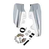 Chrome motorcycle side covers and mounting hardware kit on white background
