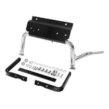 Motorcycle sissy bar luggage rack mounting kit with chrome and black metal parts, bolts, washers.