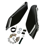 Black motorcycle handguards with mounting hardware kit on white background