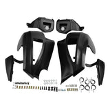 Black motorcycle fairing kit with mounting hardware and accessories on white background