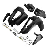 black ATV fender flares kit with mounting hardware, bolts, clips on white background
