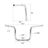 Chrome motorcycle handlebar with precise measurements, 31.1 inch width, 10 inch height