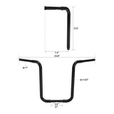 Black motorcycle ape hanger handlebar with dimensions, 33.8-inch width, 17.5-inch height