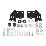 Black metal mounting brackets kit with bolts, nuts, washers and spacers on white background