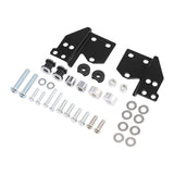 Black metal mounting brackets kit with bolts, washers, spacers, and nuts on white background