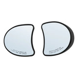 Pair of curved automotive side view mirrors with black trim on white background
