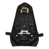 Underside of a black motorcycle seat with mounting hardware and straps