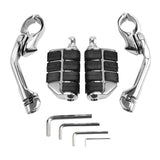 Chrome motorcycle foot pegs with black rubber grips and mounting hardware set