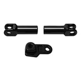 Black metal motorcycle linkage parts set on white background