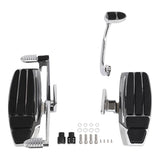 Chrome and black motorcycle foot pegs and pedals set with mounting hardware on white background