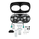Motorcycle dual LED headlight kit with black housing, wiring, and mounting hardware