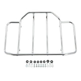 Chrome motorcycle luggage rack with mounting hardware on white background