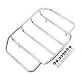 Chrome motorcycle luggage rack with mounting hardware on white background