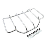 Chrome motorcycle luggage rack with mounting bolts and washers on white background