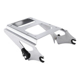 Chrome motorcycle luggage rack with mounting brackets on white background