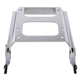 Chrome motorcycle luggage rack bracket with mounting holes on white background