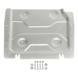 Silver metal skid plate with bolts and washers, automotive undercarriage protection part