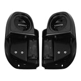 Glossy black motorcycle saddlebags speaker lids pair, top view on white background