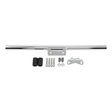 Chrome motorcycle sissy bar kit with mounting hardware on white background