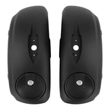 Black motorcycle saddlebags with built-in speakers, viewed from above against white background.