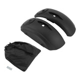 Set of two black bike fenders with mounting hardware and a storage bag, isolated on white.