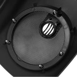 Close-up of black metal mesh filter with circular perforations and plastic frame
