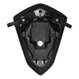 Black motorcycle seat pan base with mounting brackets and straps on white background