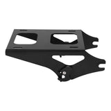 Black metal motorcycle luggage rack with cutouts and adjustable mounting bracket