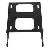 Black adjustable metal laptop stand with ventilation slots on white background