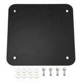 Black metal mounting plate with four screws and eight washers on white background