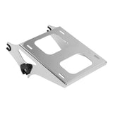 Chrome motorcycle luggage rack mounting bracket with cutouts on white background