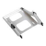 Stainless steel foldable laptop stand with adjustable arms on white background