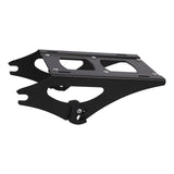 Black metal motorcycle luggage rack with cutout design and mounting points