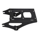 Black metal motorcycle license plate holder with cutouts and mounting brackets