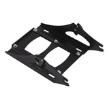 Black metal adjustable mounting bracket with cut-outs and bolts on white background