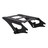 Black metal motorcycle luggage rack with mounting holes on white background