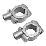 Pair of silver metal pipe clamps with bolt fasteners on white background