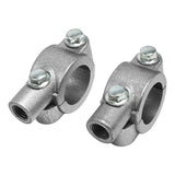 Pair of metal tube clamps with bolts and threaded side openings on white background