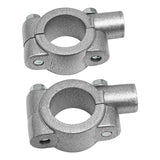 Pair of silver metal pipe clamps with bolts, industrial tube connectors on white background