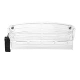 Clear plastic clipper guard attachment with black side mount on white background