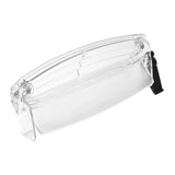 Clear plastic motorcycle helmet visor with hinge and mounting hardware on white background