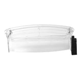 Clear plastic container with black adjustment knob on white background