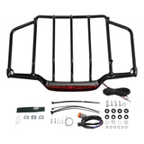 Motorcycle black luggage rack with integrated LED light and installation hardware kit
