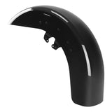 Glossy black motorcycle front fender with mounting brackets, isolated on white background