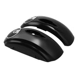 Black motorcycle saddlebags with built-in round speakers on a white background