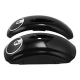 Glossy black motorcycle saddlebag lids with integrated silver speaker grilles, isolated on white